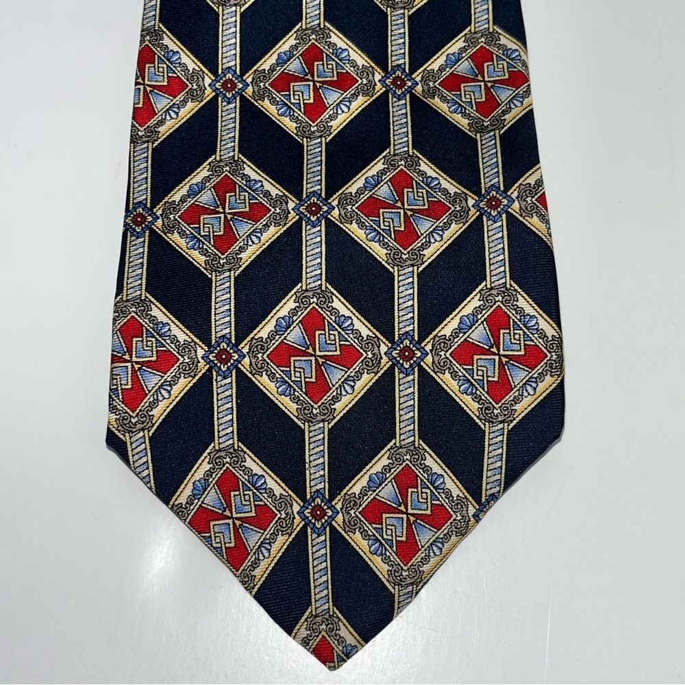 Boston Harbor Geometric‎ Patterned Red Blue Mens Neck Tie 100% USA Preppy *FLAW